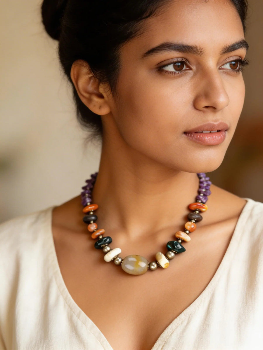 Stone Beaded Necklace with Traditional Indian Craft Detailing