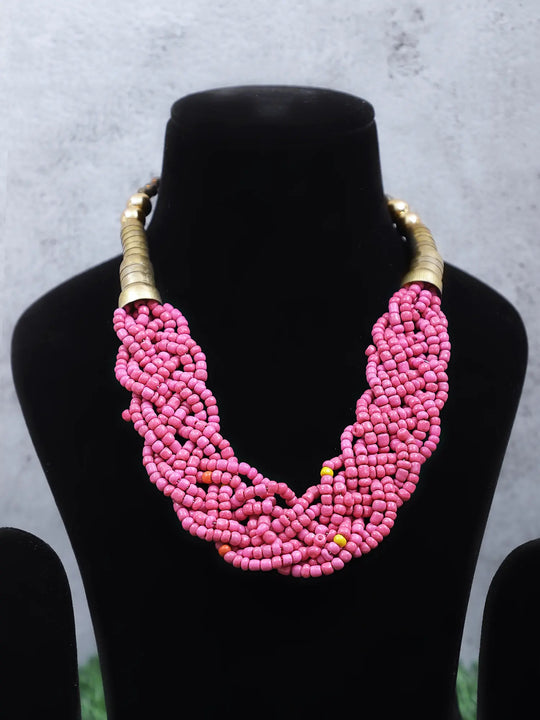 White and Yellow Braided Bead Necklace in Layered Design