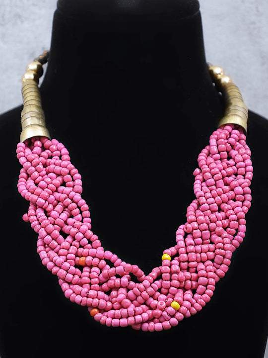 White and Yellow Braided Bead Necklace in Layered Design