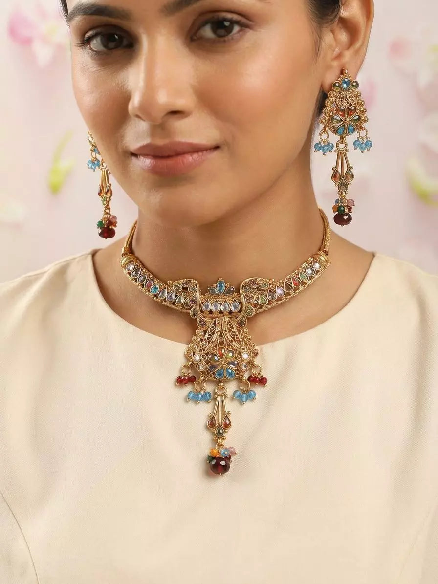 Multicolour Gemstone Indian Fashion Necklace in Metal