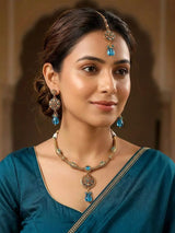 Stone Studded Metal Necklace Set with Earrings