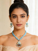Blue and Red Beaded Necklace and Earrings Set