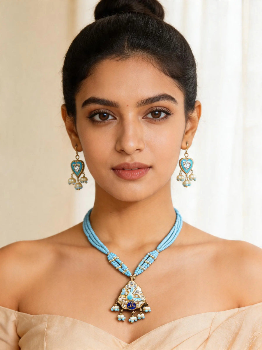 Blue and Red Beaded Necklace and Earrings Set