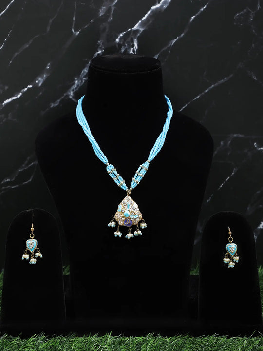 Blue and Red Beaded Necklace and Earrings Set