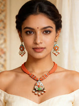 Blue and Red Beaded Necklace and Earrings Set