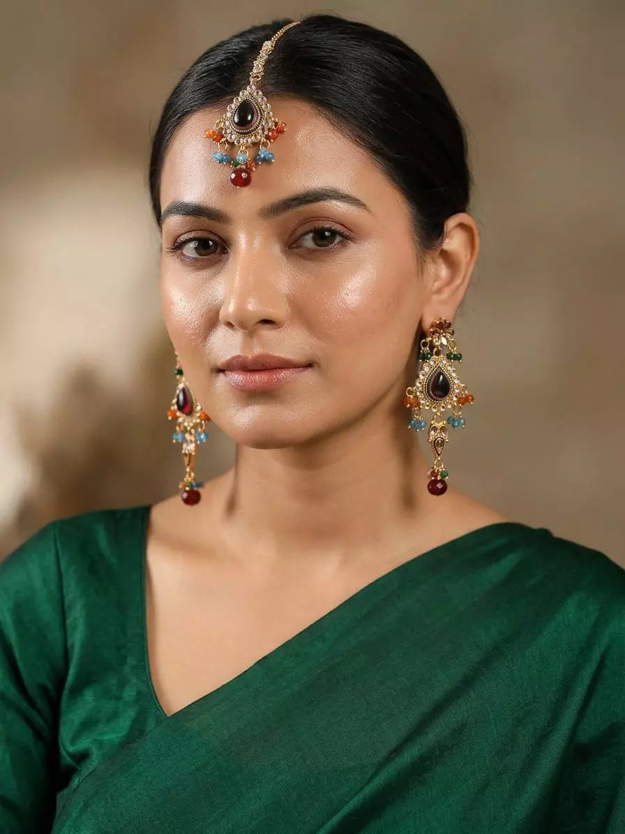 Stone Set Earrings and Maang Tikka Set in Metal