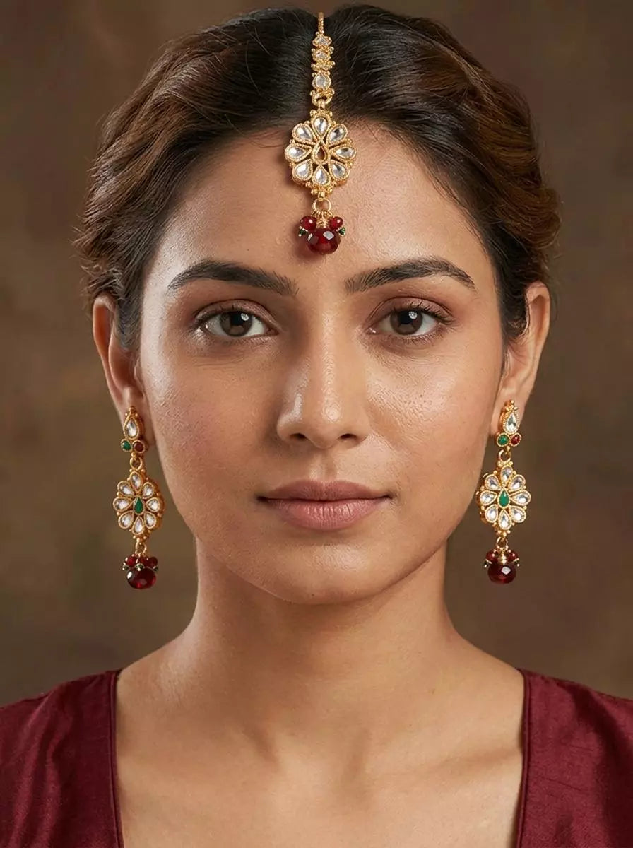 Polki Stone Earring and Maang Tikka Set in Metal
