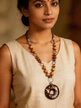 Wooden Bead Long Necklace in Antique Metal Finish