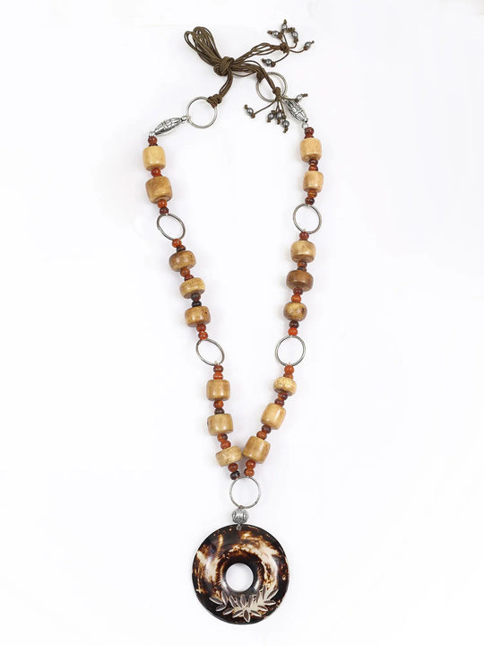 Wooden Bead Long Necklace in Antique Metal Finish