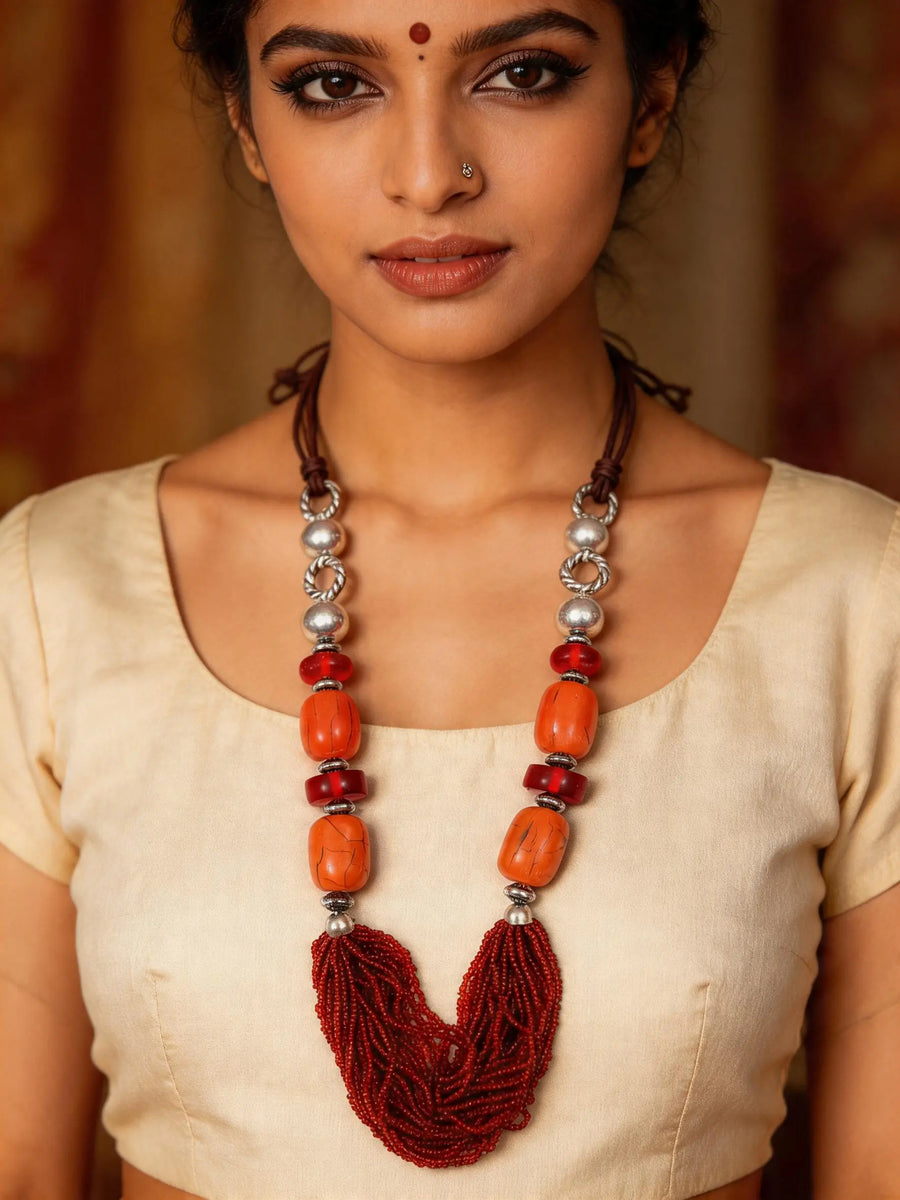 Handcrafted Beaded Metal Long Necklace in Indian Style