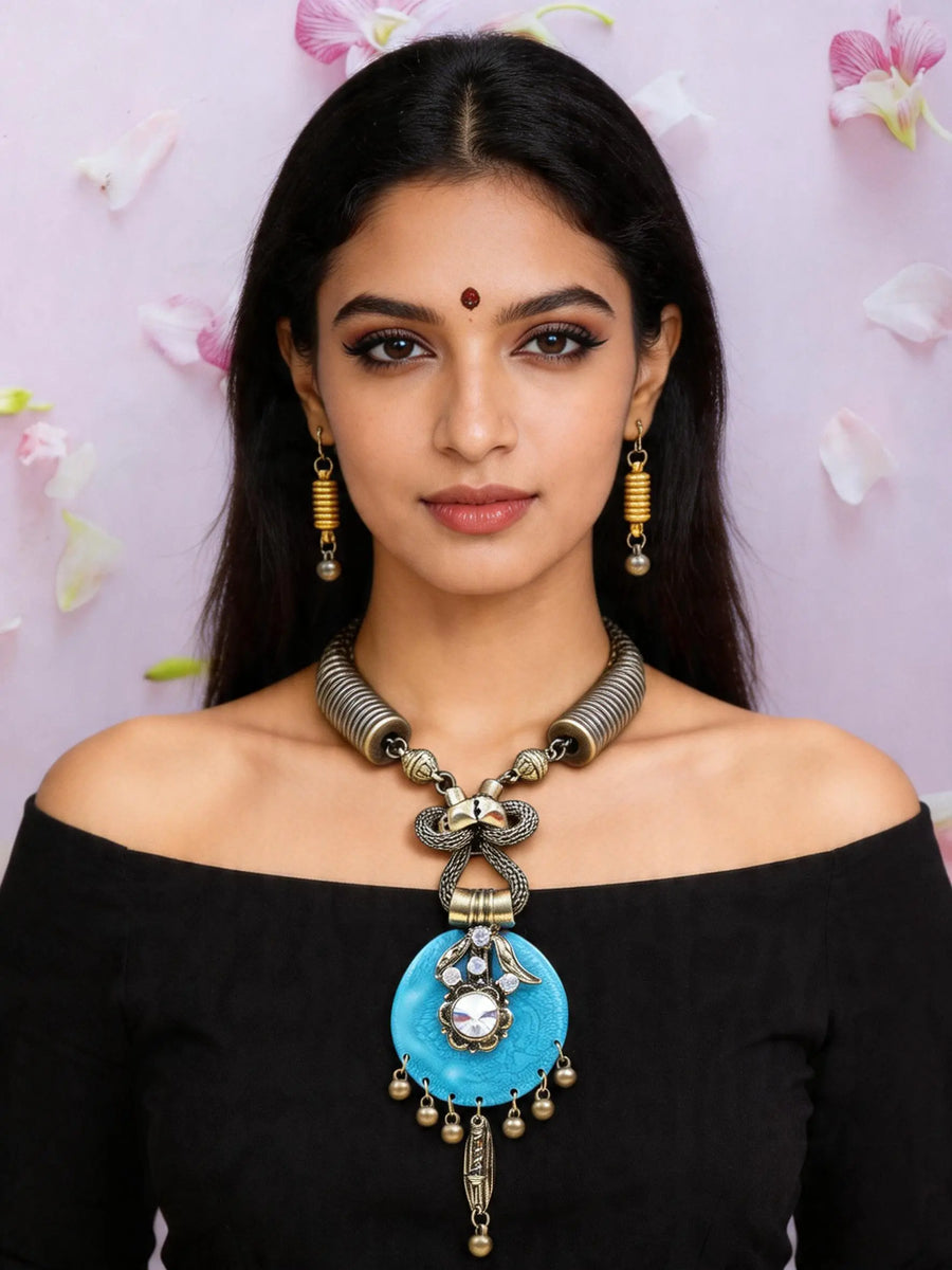 Blue and Red Beaded Bohemian Necklace Set with Earrings