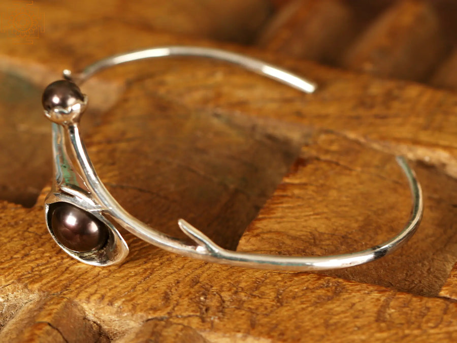 Black Pearl Flower Branch Sterling Silver Bracelet