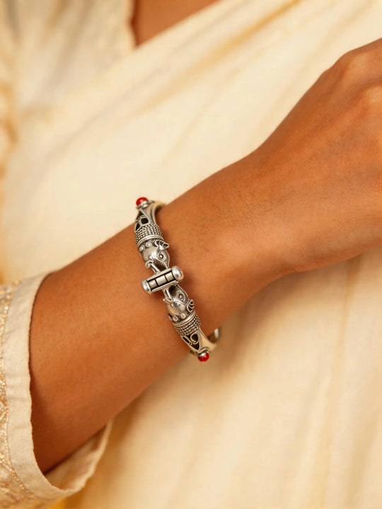 Coral Gemstone Elephant Sterling Silver Openable Bracelet