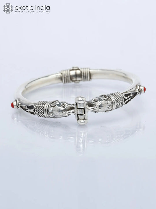 Coral Gemstone Elephant Sterling Silver Openable Bracelet