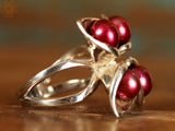 Cinnamon Red Pearl Double Layer Sterling Silver Ring