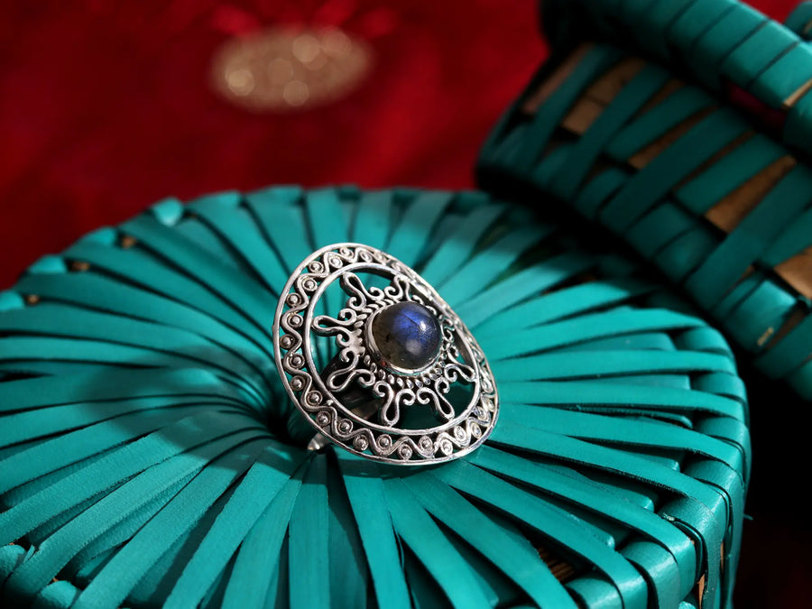 Sterling Silver Sun Motif Ring with Semiprecious Stone