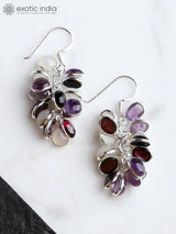 Garnet, Moonstone and Amethyst Bunch Sterling Silver Earrings