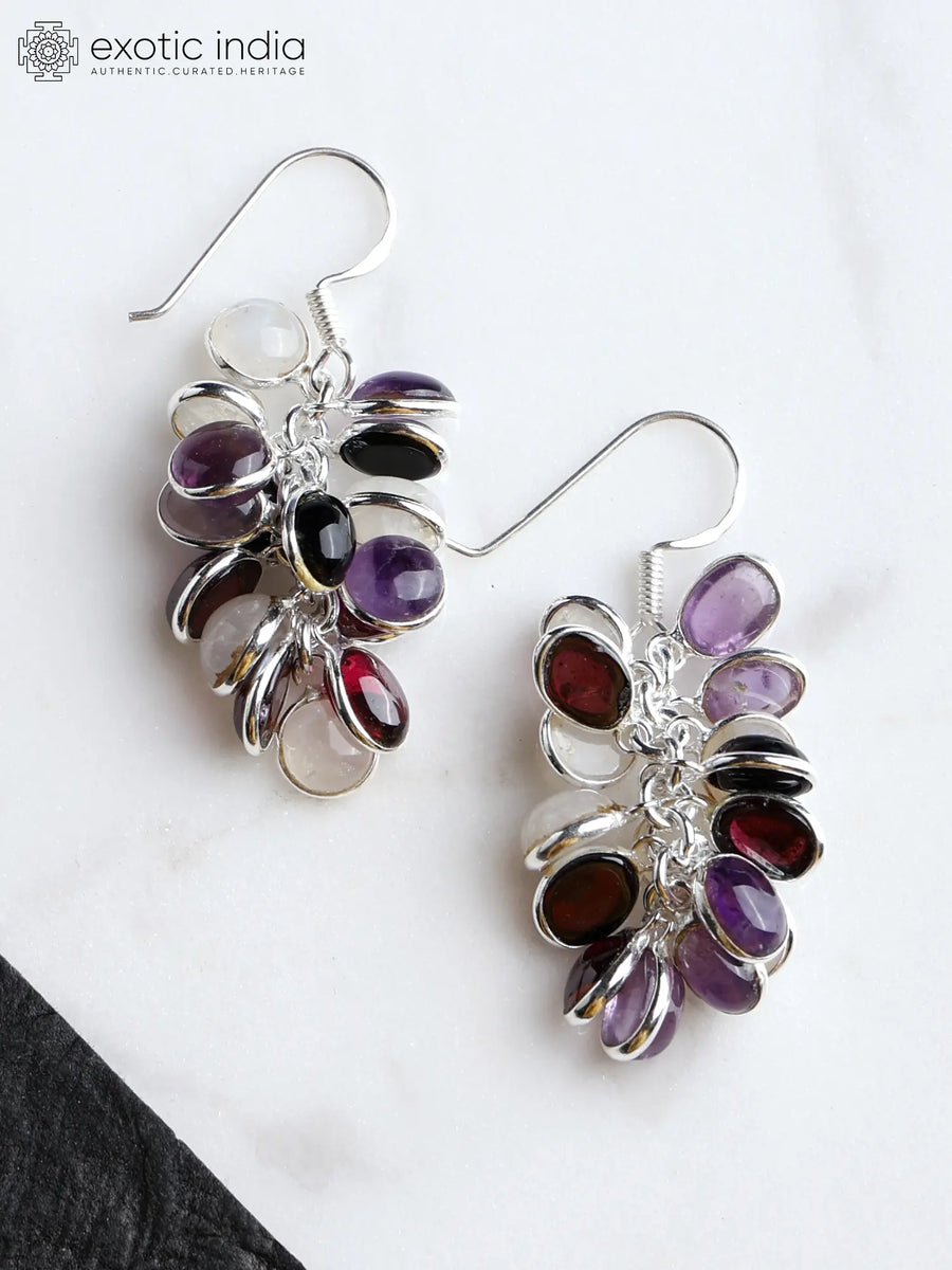 Garnet, Moonstone and Amethyst Bunch Sterling Silver Earrings