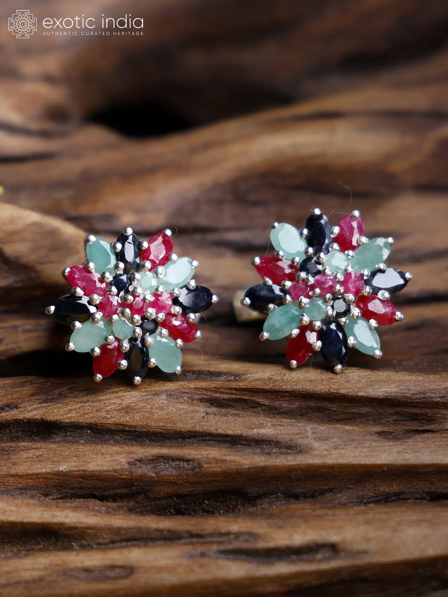 Sapphire Ruby and Emerald Floral Sterling Silver Earrings