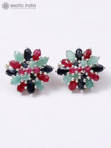 Sapphire Ruby and Emerald Floral Sterling Silver Earrings