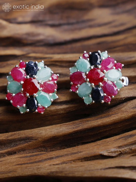 Sapphire Ruby and Emerald Sterling Silver Earrings