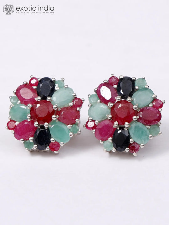 Sapphire Ruby and Emerald Sterling Silver Earrings