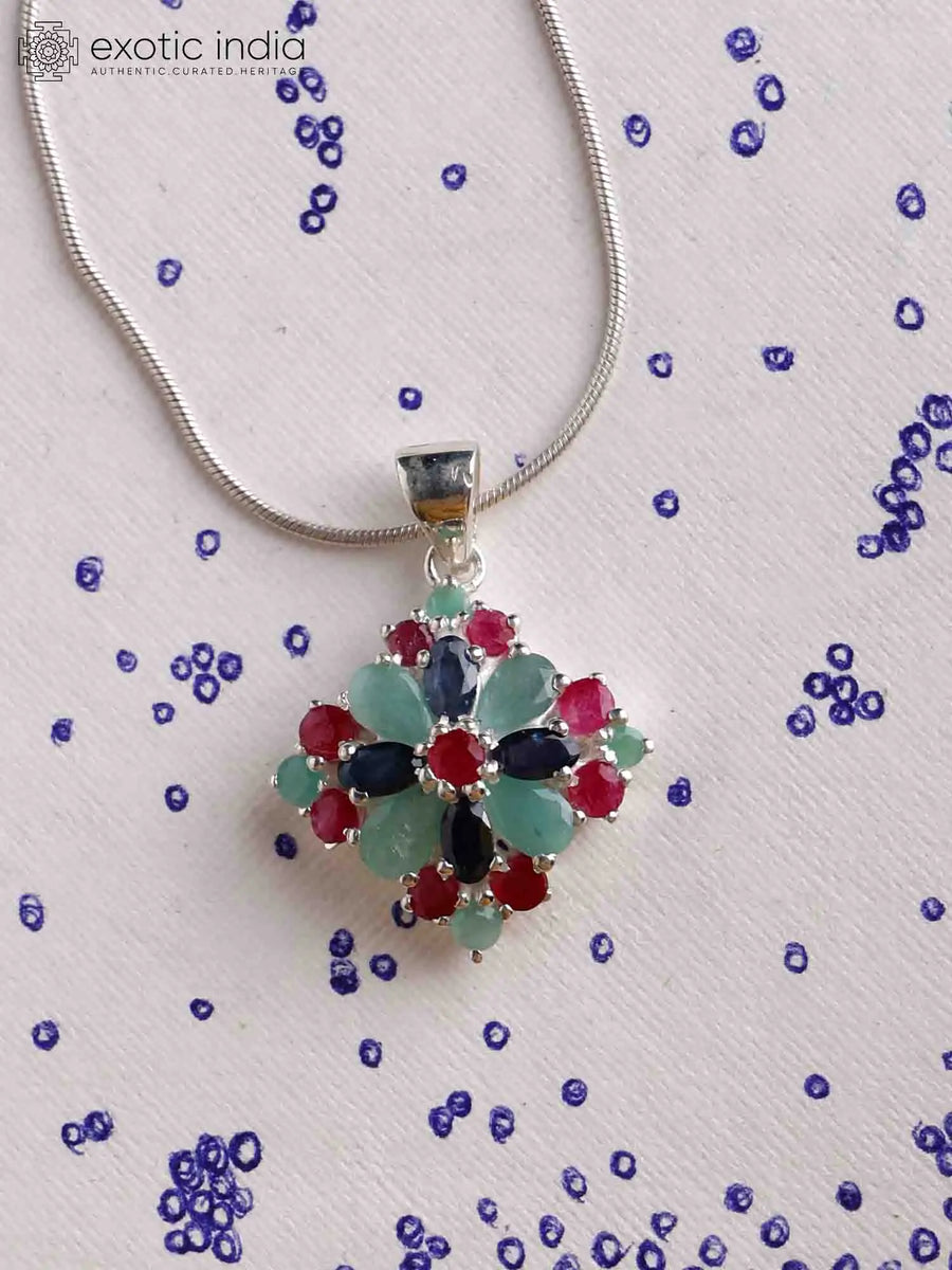 Sapphire, Ruby and Emerald Rhomboid Sterling Silver Pendant