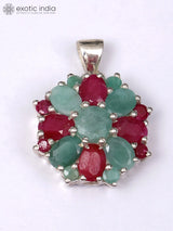 Floral Ruby and Emerald Sterling Silver Pendant