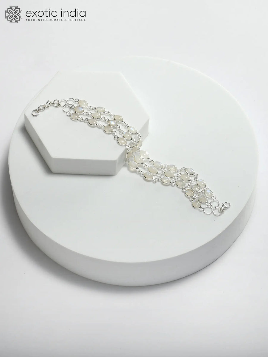 Rainbow Moonstone Cabochon Three Layer Sterling Silver Bracelet