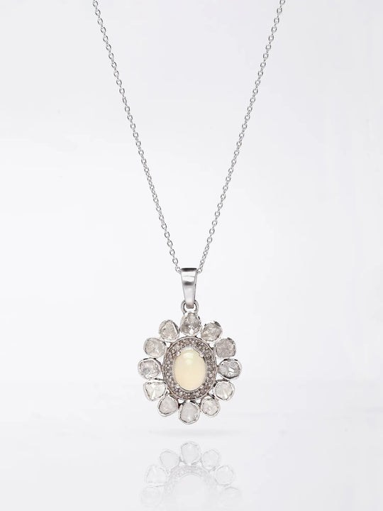 Floral Polki Diamond and Ethiopian Opal Silver Pendant
