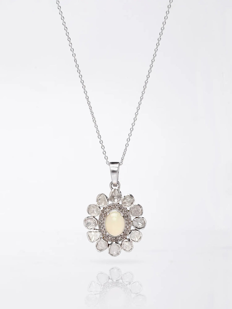 Floral Polki Diamond and Ethiopian Opal Silver Pendant