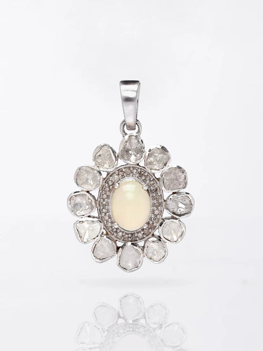Floral Polki Diamond and Ethiopian Opal Silver Pendant