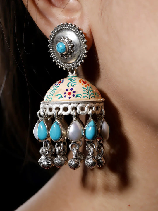 Turquoise and Pearl Sterling Silver Jhumka Earrings