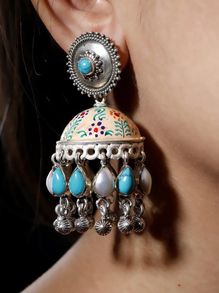 Turquoise and Pearl Sterling Silver Jhumka Earrings