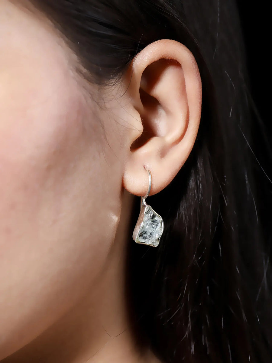 Aquamarine Emerald and Garnet Raw Gemstone Hook Earrings