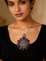 Coral and Lapis Lazuli Circular Sterling Silver Pendant