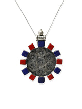 Coral and Lapis Lazuli Circular Sterling Silver Pendant