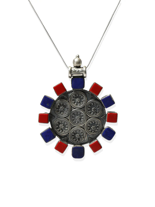 Coral and Lapis Lazuli Circular Sterling Silver Pendant