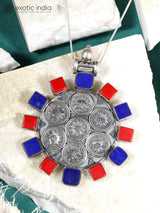 Coral and Lapis Lazuli Circular Sterling Silver Pendant