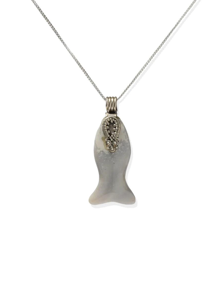 Chalcedony Cabochon Fish Sterling Silver Pendant
