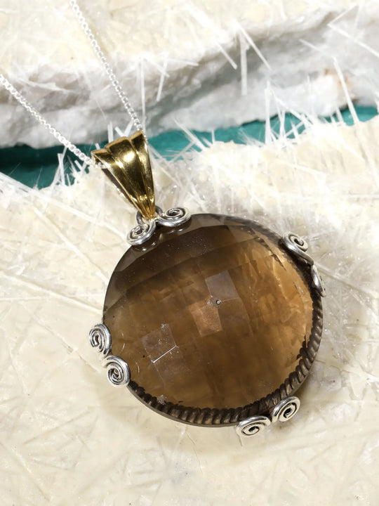 Faceted Smoky Quartz Circular Sterling Silver Pendant