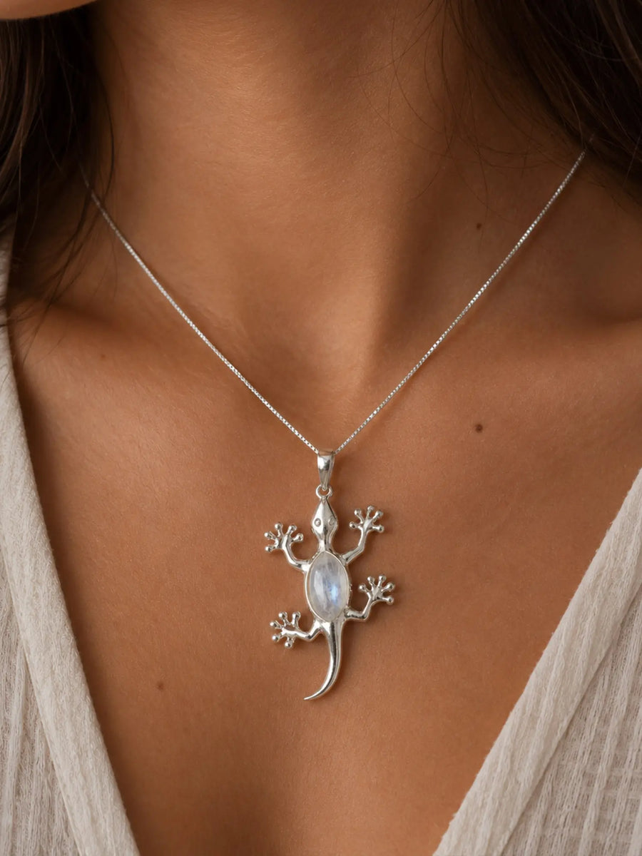Rainbow Moonstone Lizard Sterling Silver Pendant