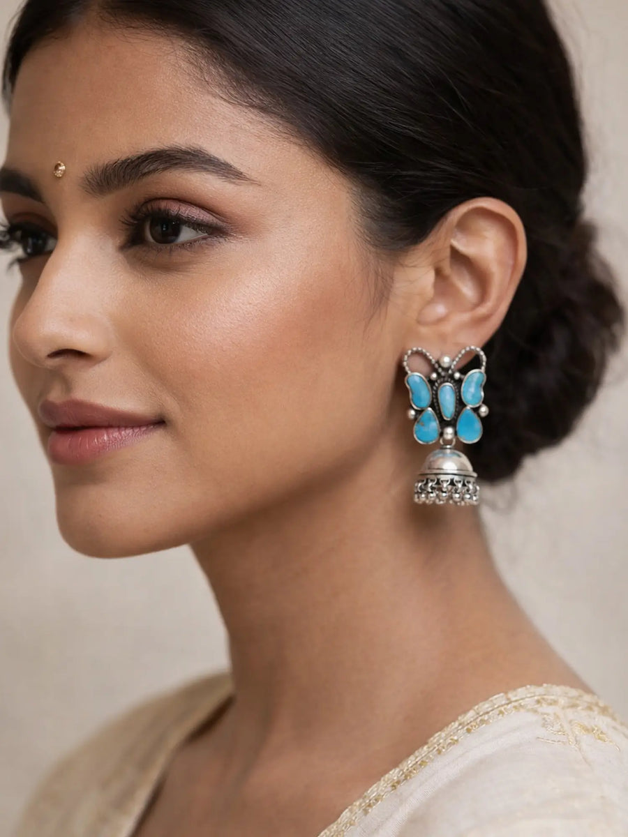 Turquoise Butterfly Sterling Silver Jhumka Earrings