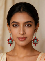 Coral and Tibetan Turquoise Floral Sterling Silver Earrings