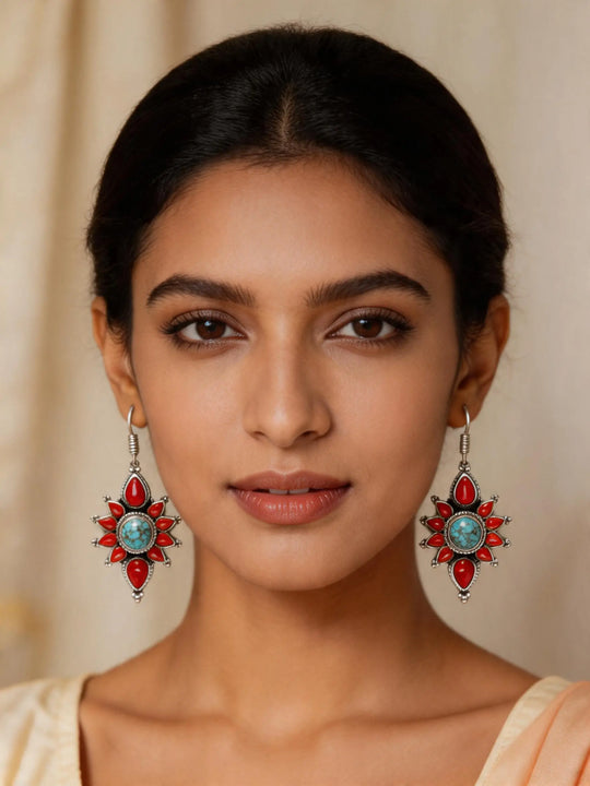 Coral and Tibetan Turquoise Floral Sterling Silver Earrings