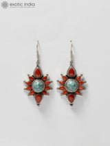Coral and Tibetan Turquoise Floral Sterling Silver Earrings