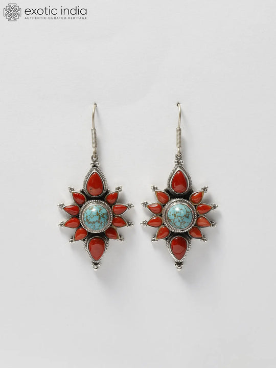 Coral and Tibetan Turquoise Floral Sterling Silver Earrings