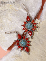 Coral and Tibetan Turquoise Floral Sterling Silver Earrings