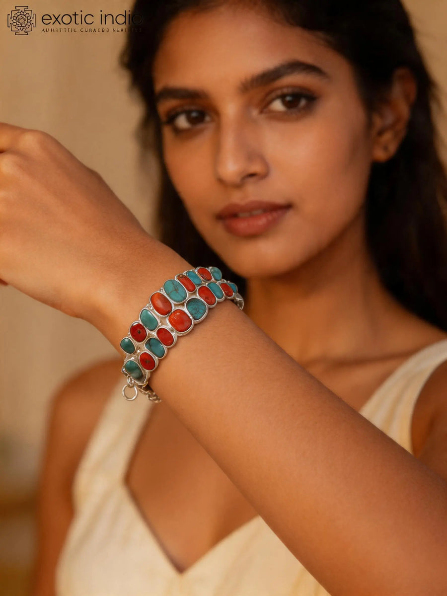Coral and Turquoise Sterling Silver Toggle Bracelet