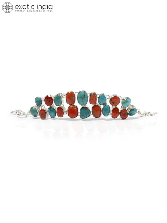 Coral and Turquoise Sterling Silver Toggle Bracelet